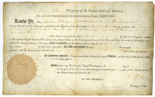 1807 President Thomas Jefferson and Secretary James Madison Dual Signed Land Grant (Beckett)